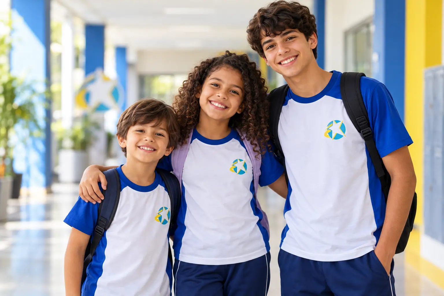 Três alunos do Colégio Celebridades, de farda branca e azul, sorrindo no corredor da escola