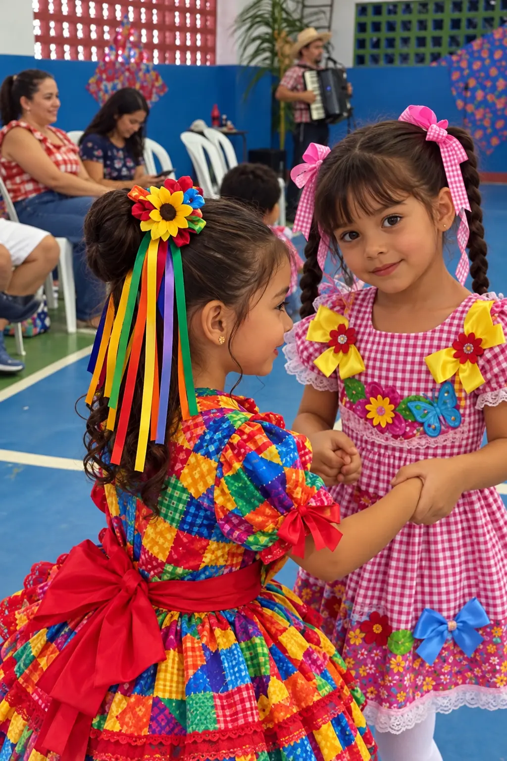 Alunas com vestidos coloridos dançando na festa junina da escola