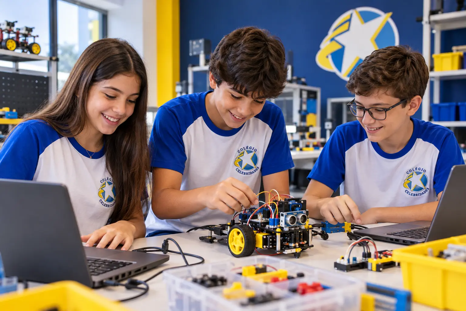 Alunos do Colégio Celebridades montando e programando um robô no laboratório